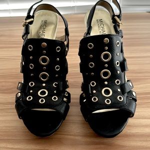 MICHAEL Michael Kors Black Leather Strappy Platform Cork Heels - Size 7
